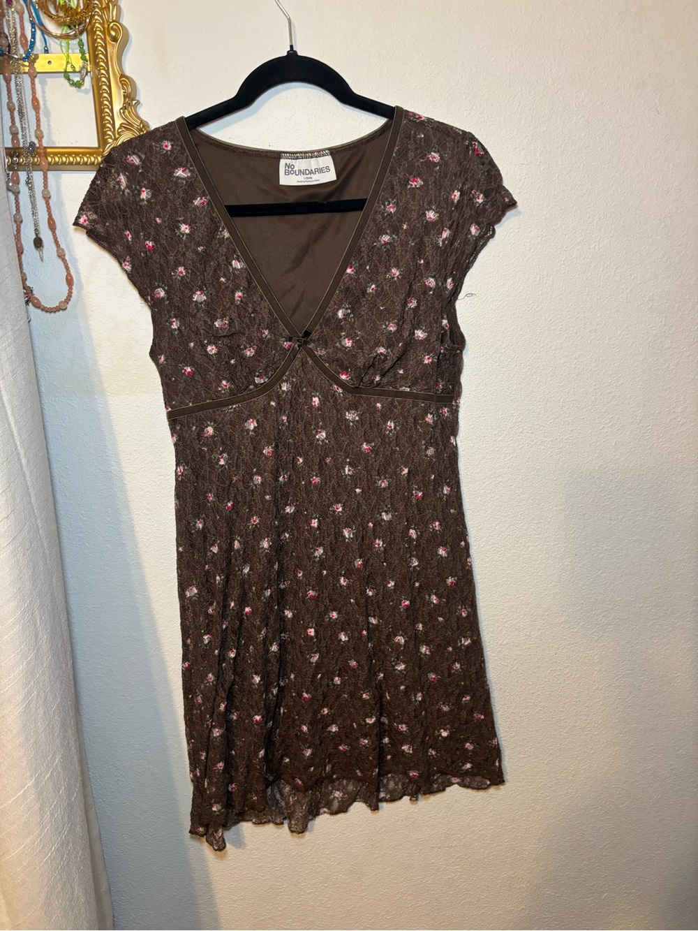 No Boundaries Brown Floral V-Neck Mini Dress with Pink Accents
